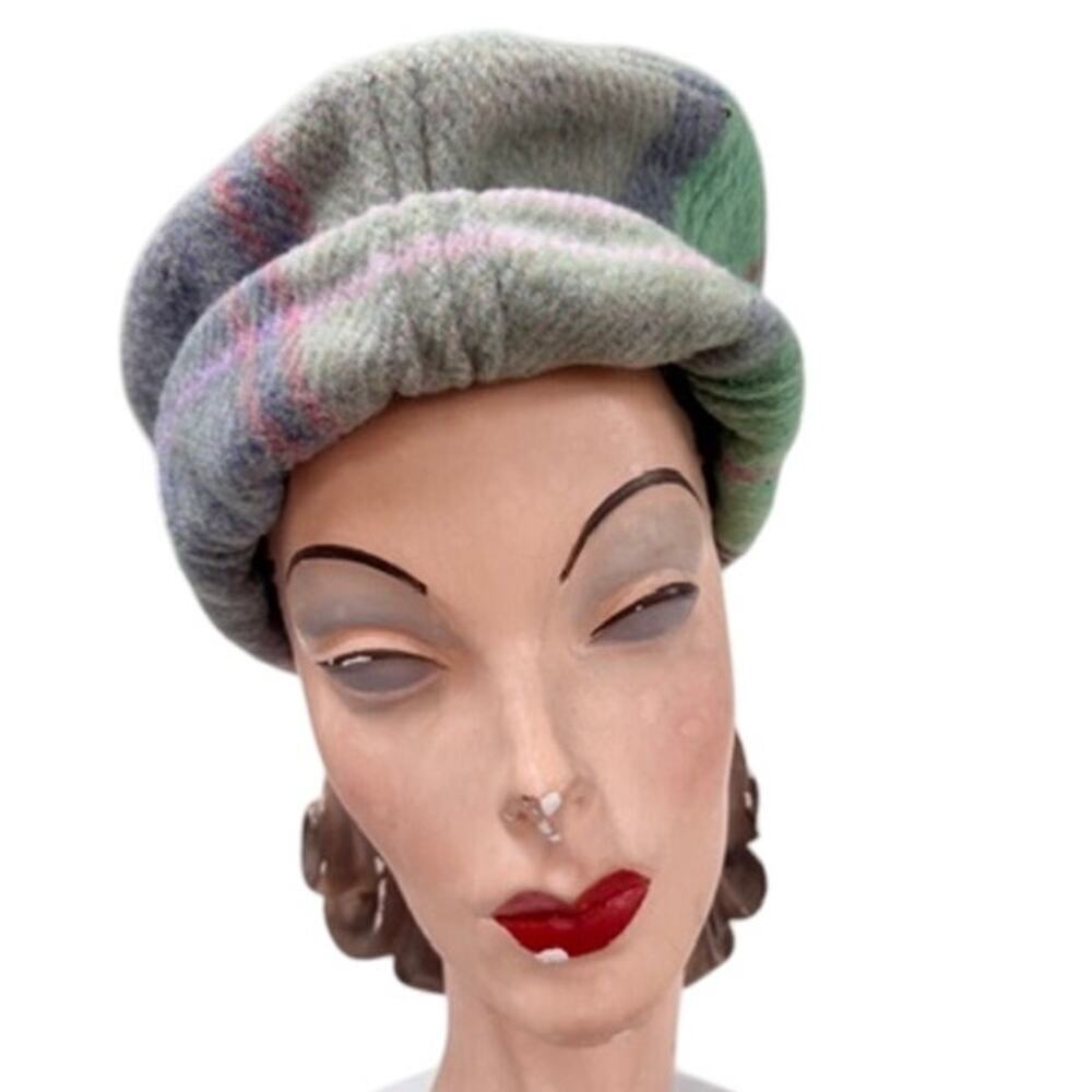 VTG 80s Wool Plaid Beret Pastel Cottagecore Preppy Cozy Retro Hat